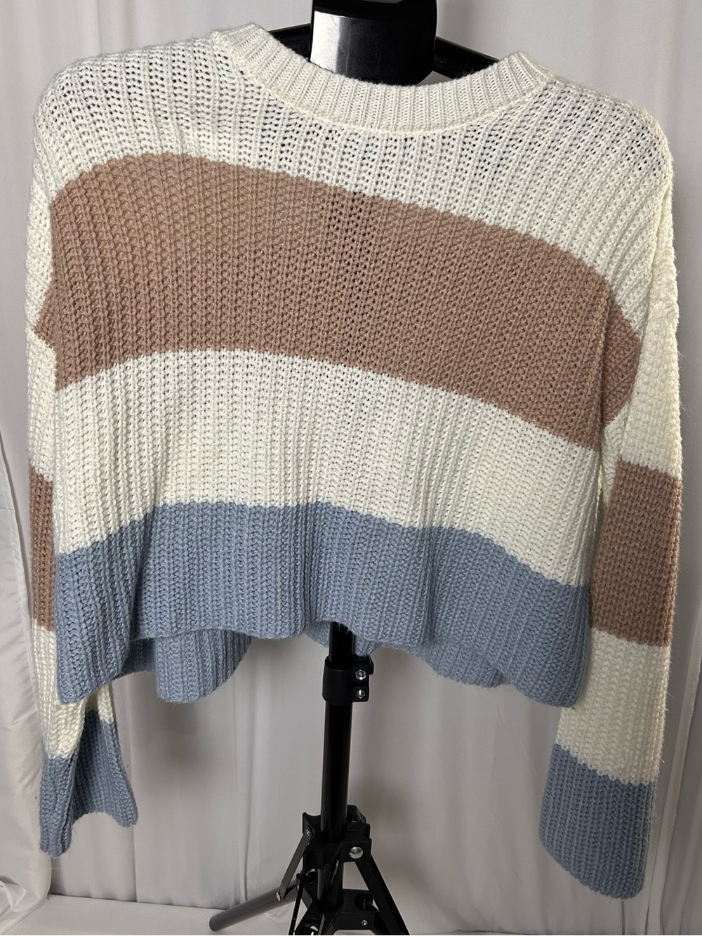 Sincerely Jules Striped Cropped Crew Sweater - Cream, Taupe & Light Blue
